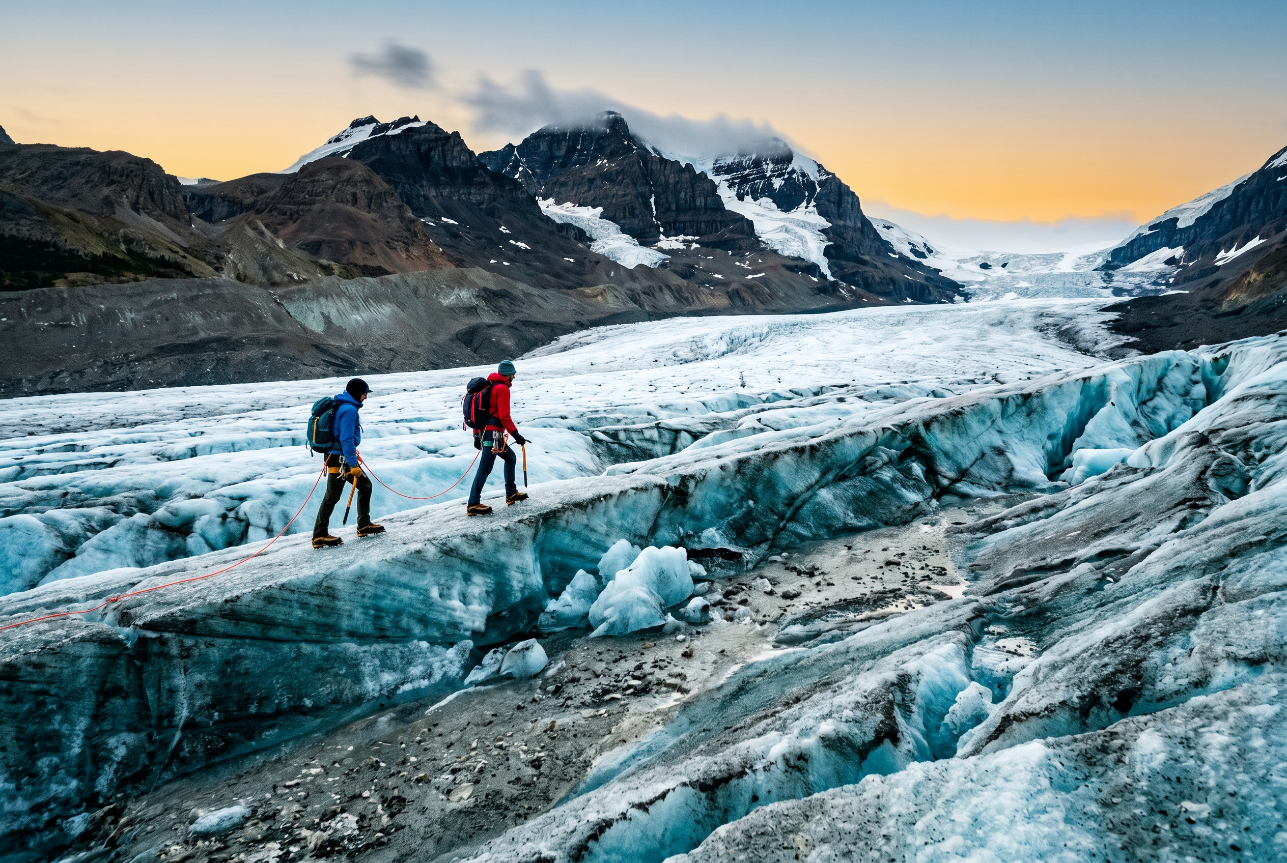 Two roped hikers crossing the cracked Athabasca Glacier in Jasper National Park