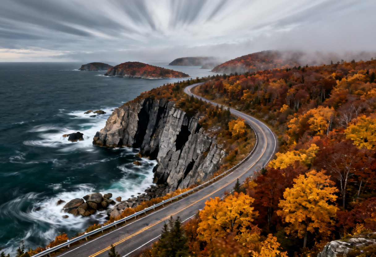 Winding Cabot Trail above the Atlantic with rust and amber autumn cliffs