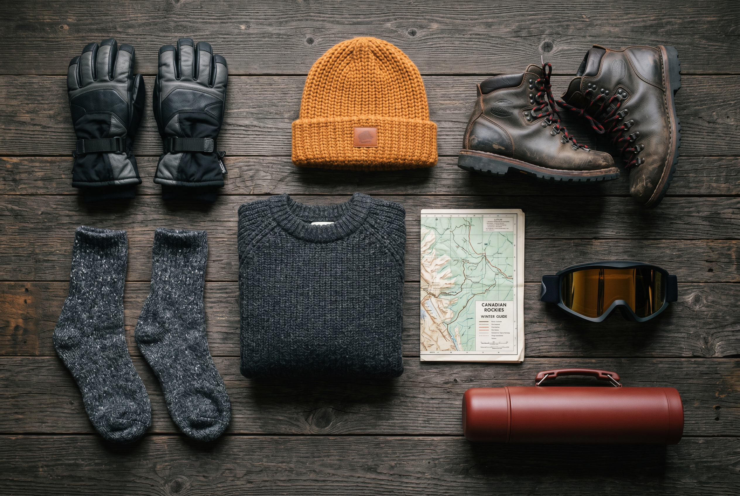 Flat-lay of Canadian winter travel gear arranged on dark weathered wood
