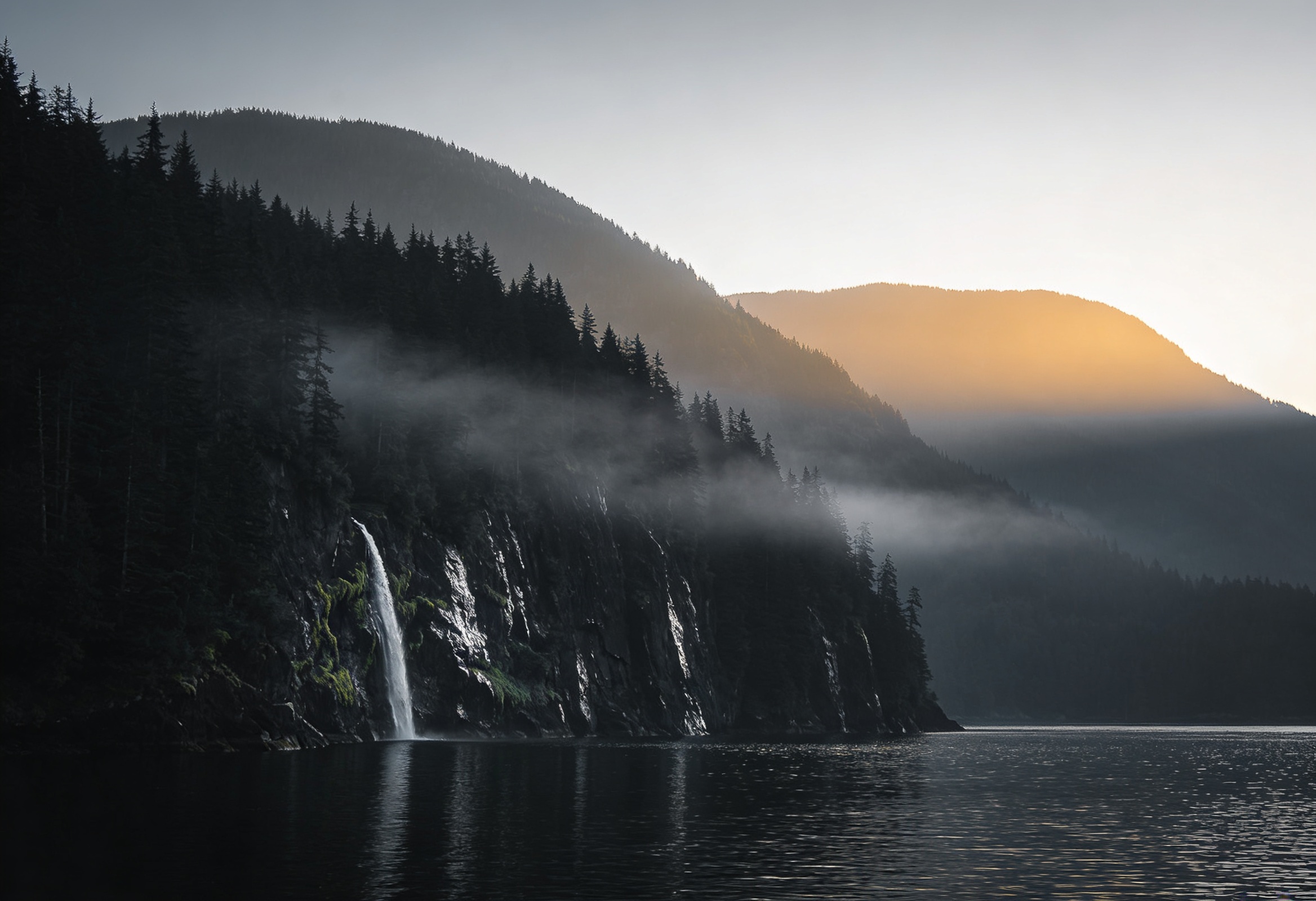 Misty British Columbia coastal fjord with a waterfall and dark forested cliffs at dawn