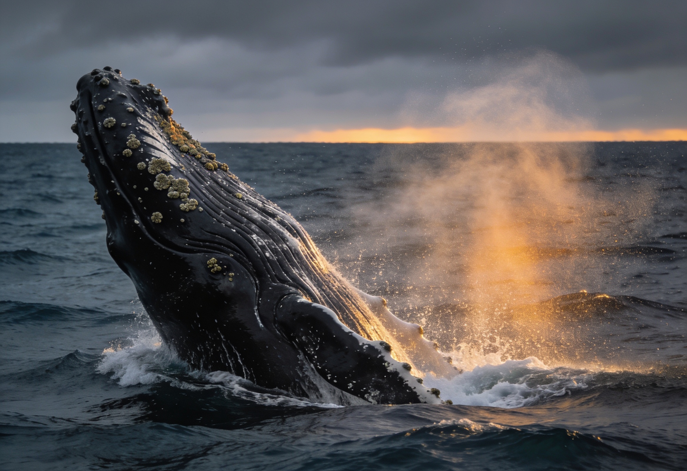 Humpback whale breaching off Tofino with spray bursting from cold Pacific water