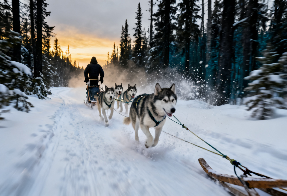 Husky sled team racing along a snowy forest trail kicking up powder