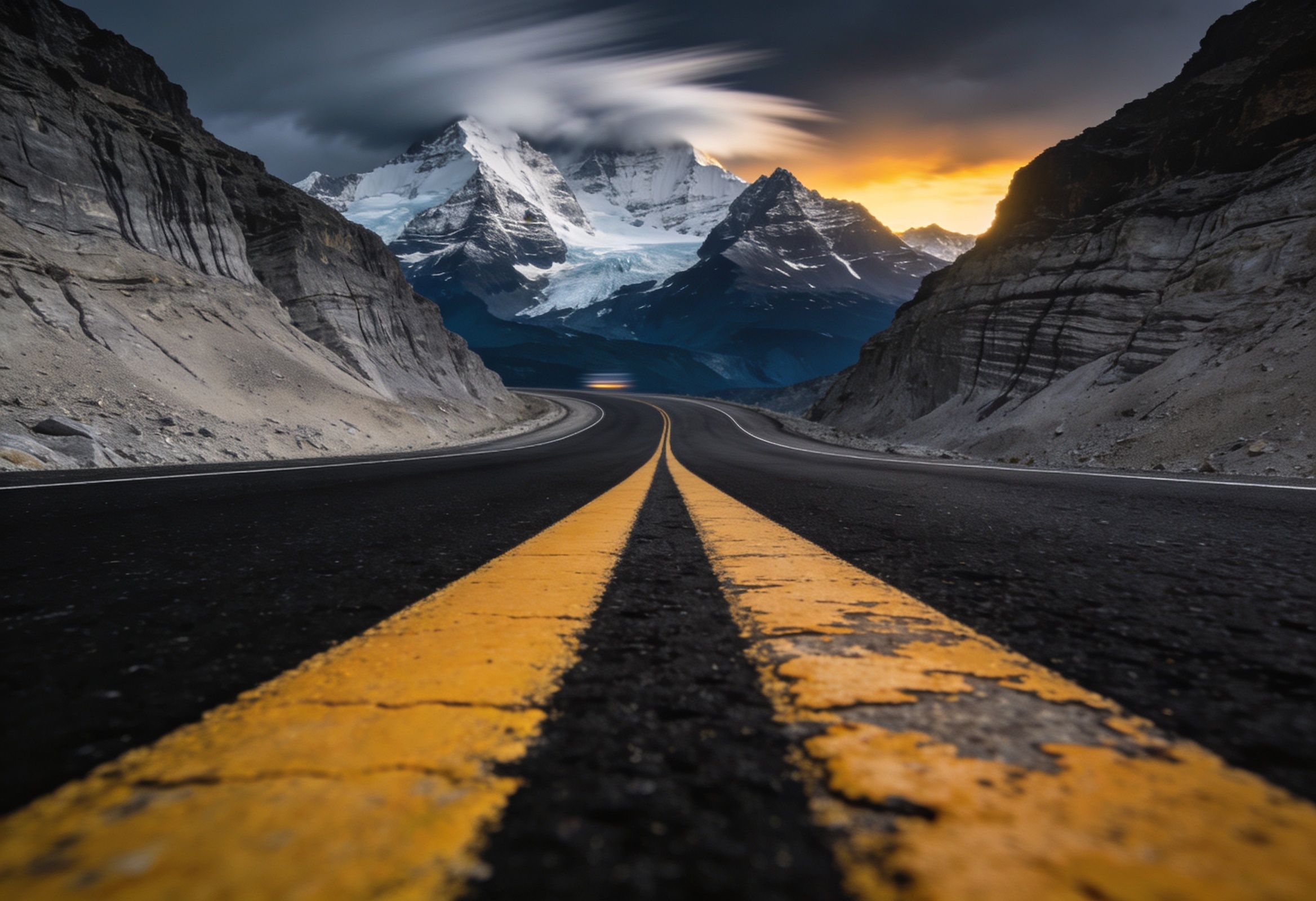 Empty Icefields Parkway highway sweeping toward glacier-capped Alberta mountain peaks