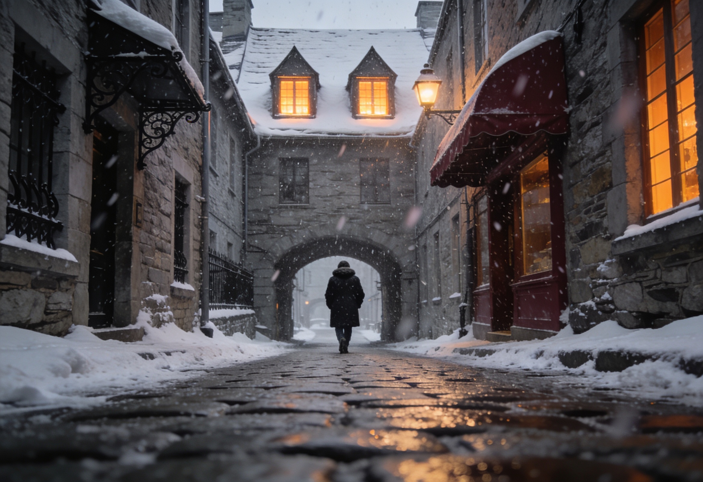Snowy cobblestone lane in Old Quebec at dusk with warm lamplit windows