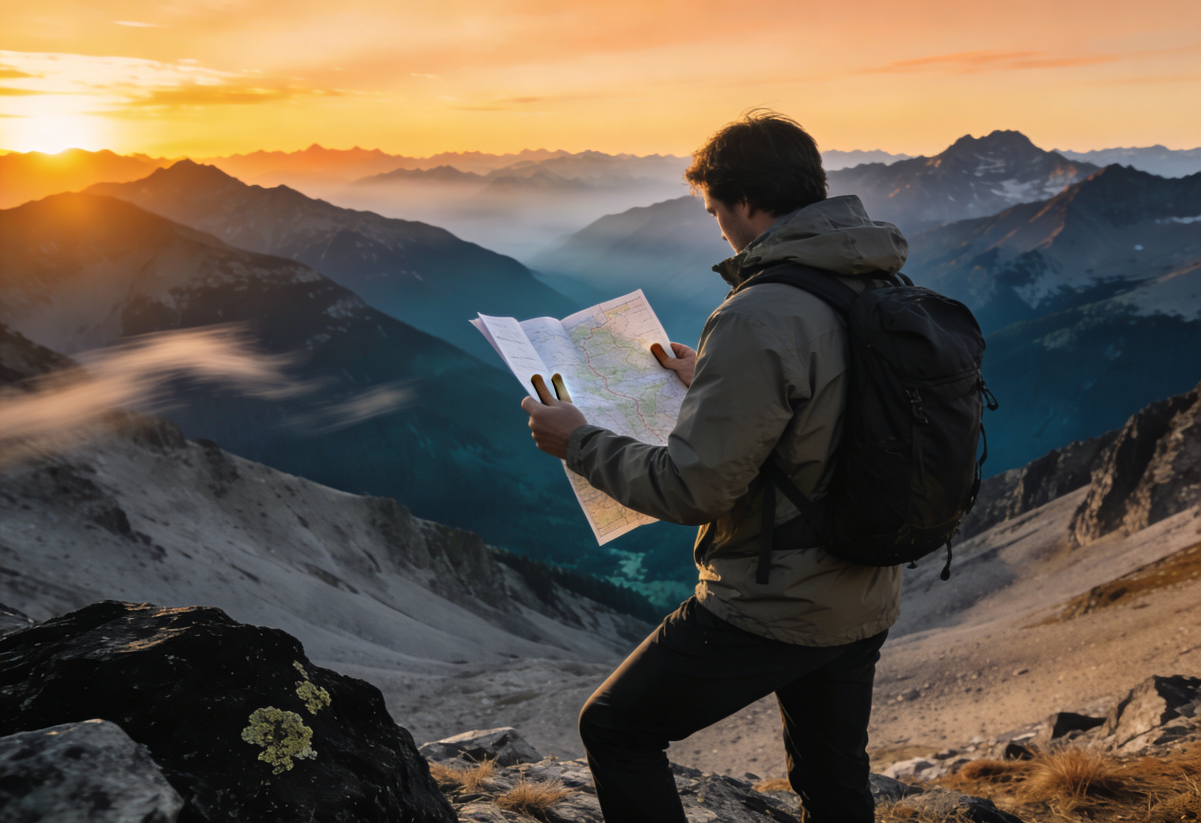 Hiker on a sunrise ridge reading a paper trail map over a Canadian valley