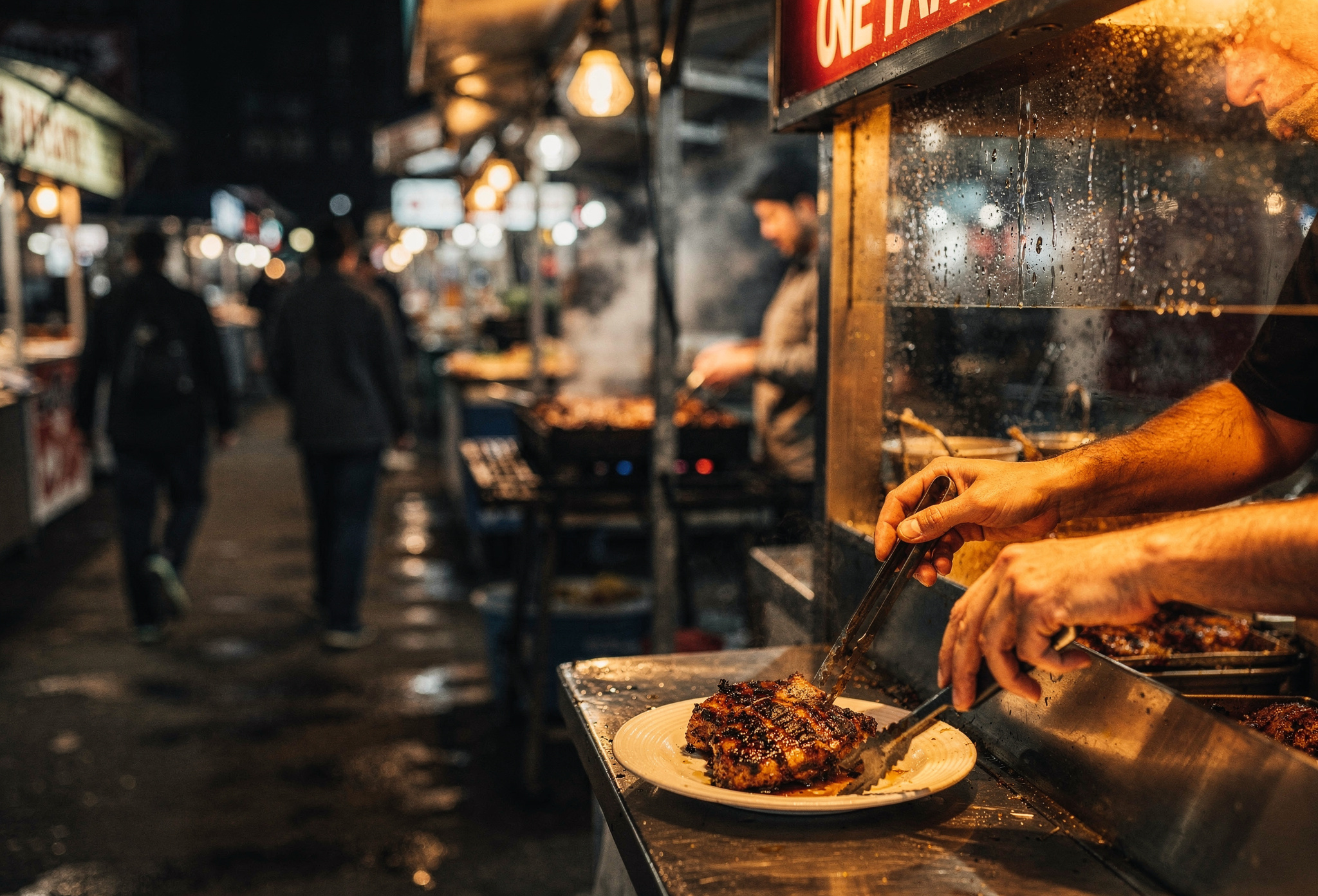Vendor plating charred street food at a glowing Toronto night market stall
